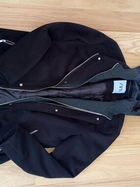 Zara Men Black Hooded Wool-Blend Pea Coat